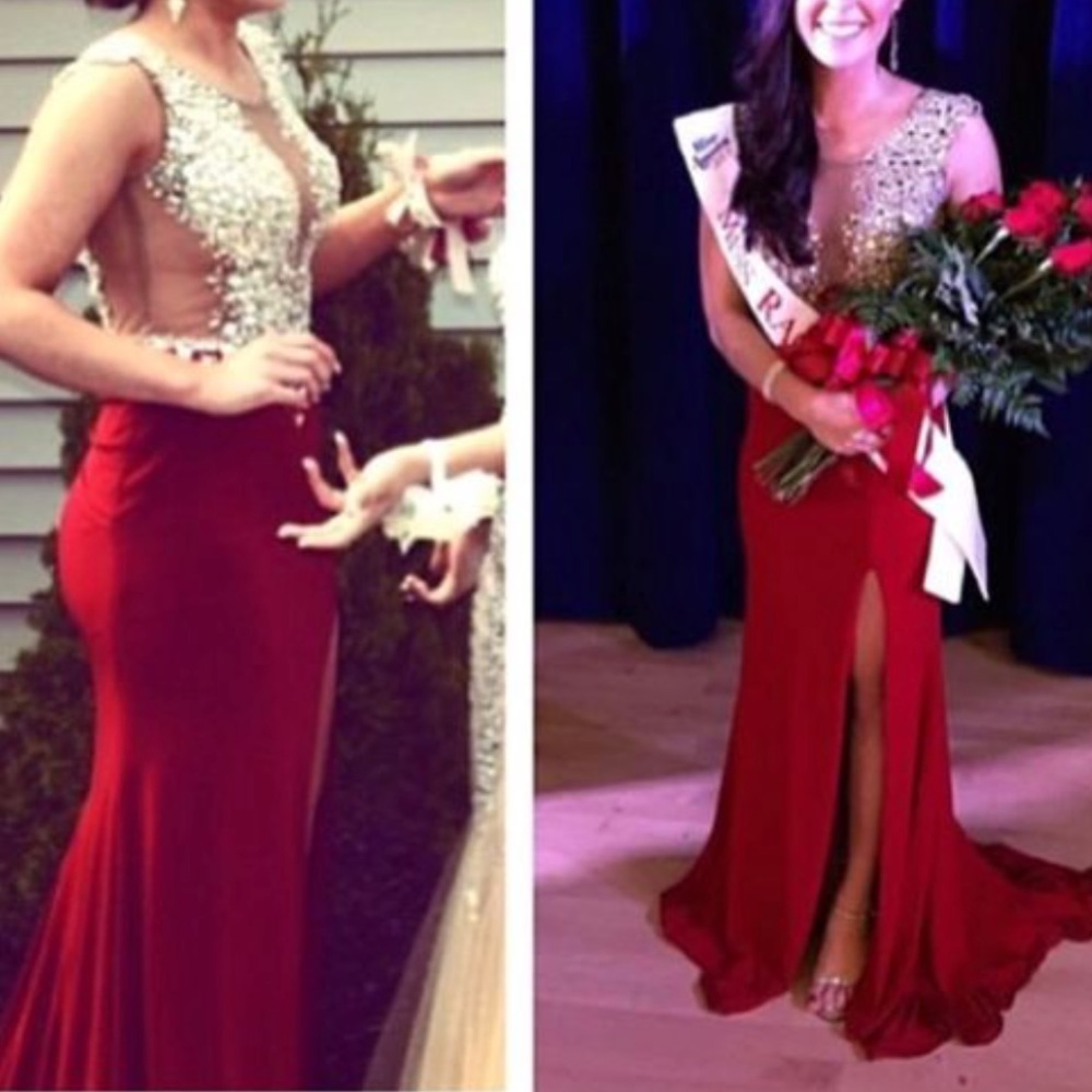 Jovani Red Full Length Dress Slit size 2 Silver